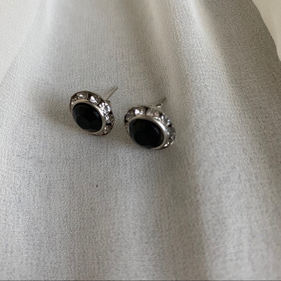 VTG Round Silver Black Jewel CZ Halo Earrings - Picture 3 of 6